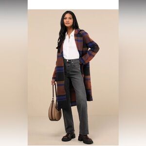 NWOT Avec Les Filles Plaid Cobalt Blue/Brown Wool Coat size XL